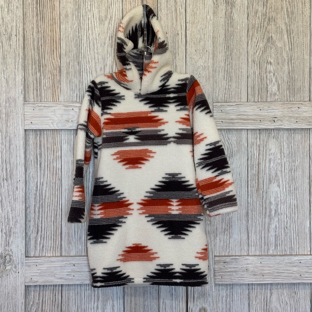 Girls Hooded Fleece Dress in Cream with Rust & Black Aztec Print